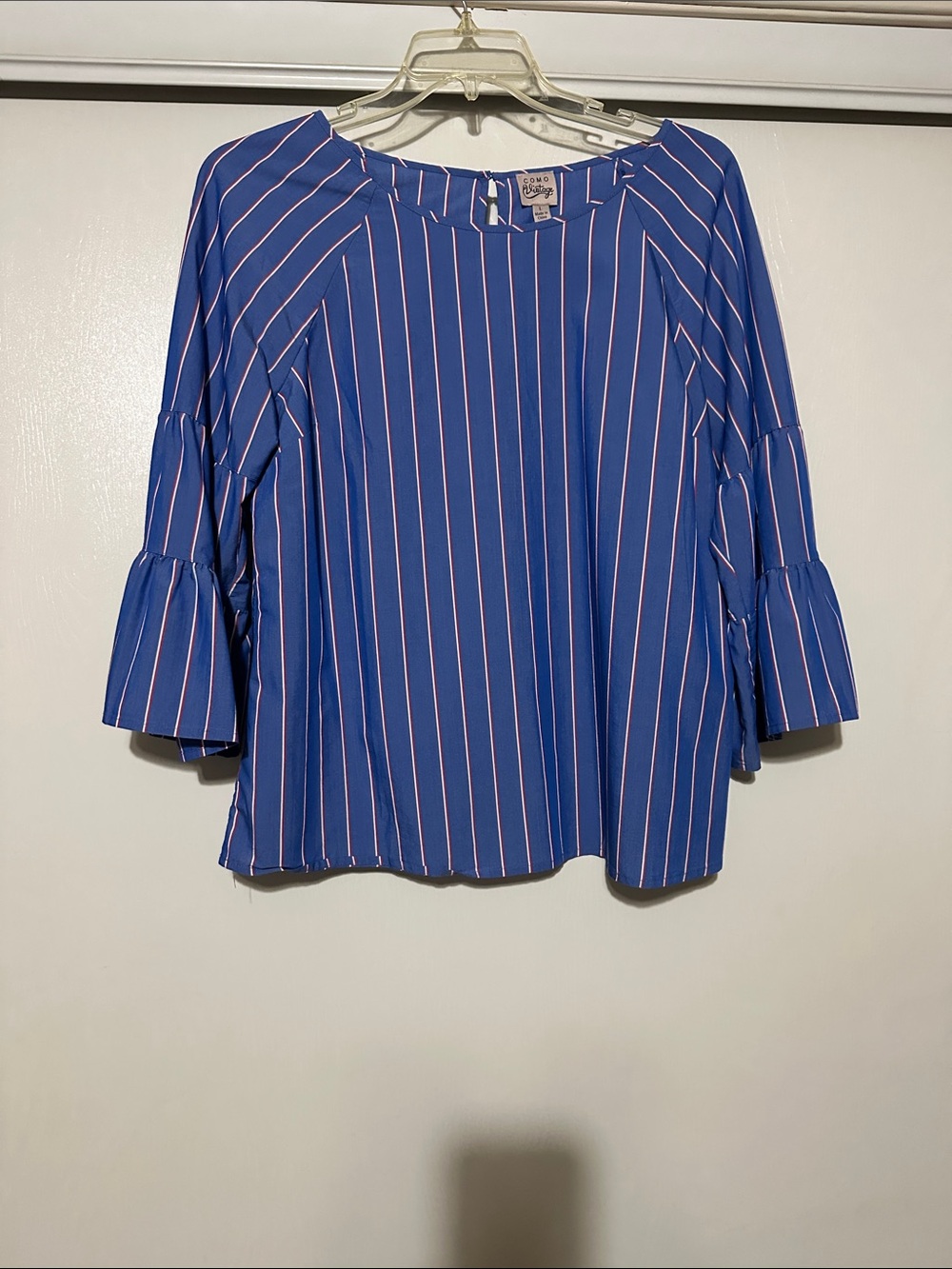 Como Vintage Blue Striped Bell-Sleeve Blouse